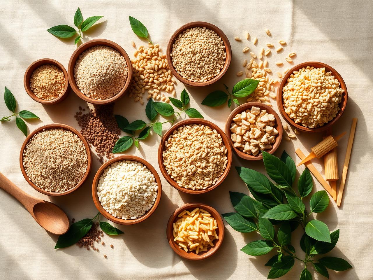 Assorted Indian millets and millet-based foods in wooden bowls
